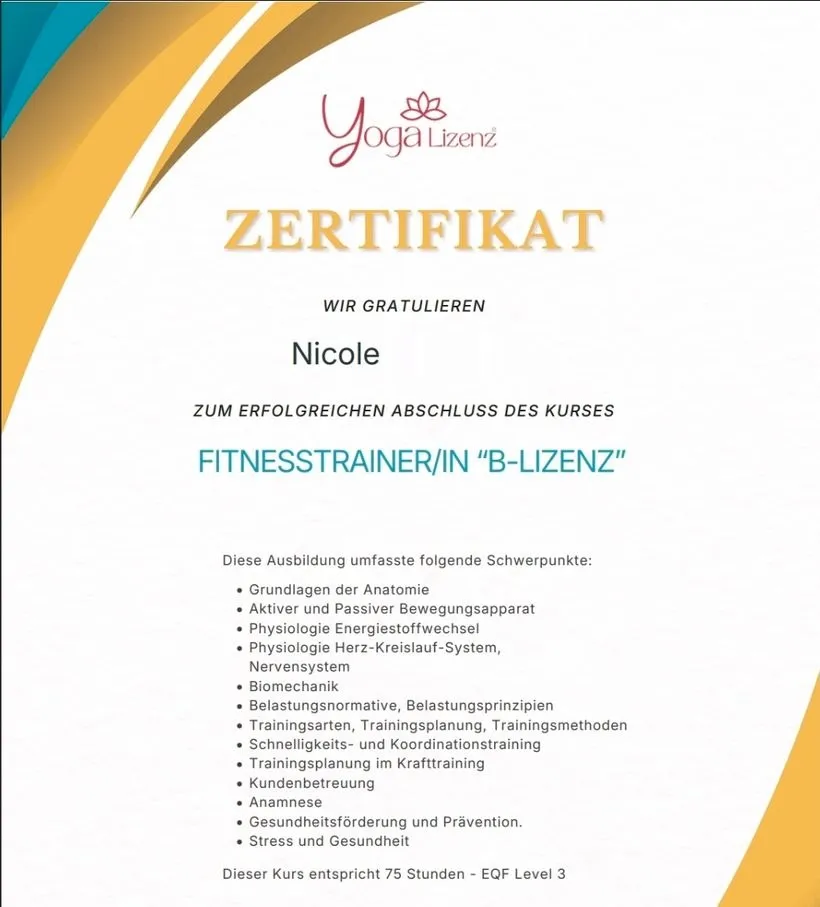 Ausschnitt des Zertifikats Fitnesstrainerin B-Lizenz